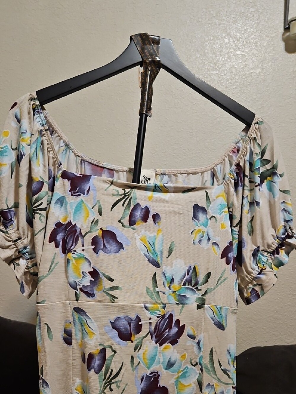 Sew In Love Cream Floral Off-Shoulder Blouse with Purple & Blue Flowers - Picture 2 of 10